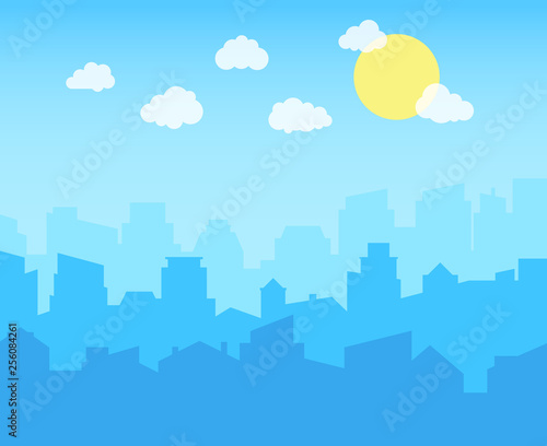 City with blue sky, white clouds and sun. cityscape skyline flat panoramic vector background.