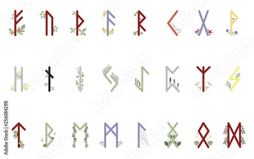 Set of ancient Norse runes. Runic alphabet, Futhark. Ancient occult symbols. Vector illustration. Old Germanic letters on a white background. Decorated with plants and flowers. Nature