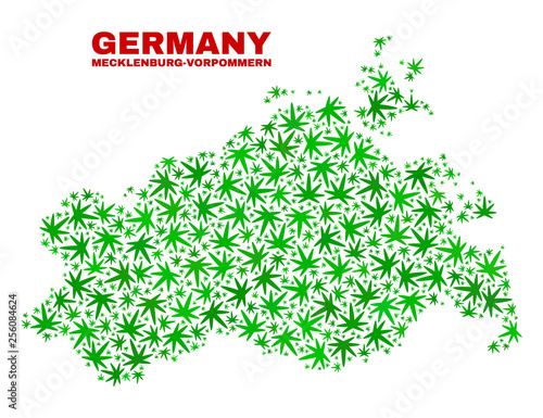 Vector cannabis Mecklenburg-Vorpommern Land map mosaic. Template with green weed leaves for cannabis legalize campaign. Vector Mecklenburg-Vorpommern Land map is designed with weed leaves.