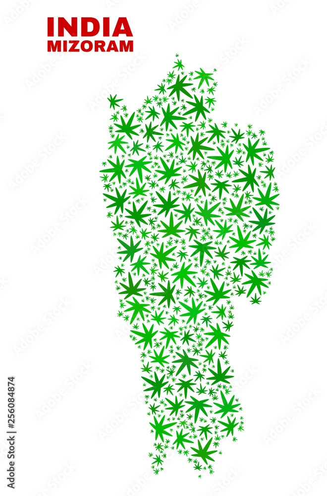 Vector cannabis Mizoram State map mosaic. Template with green weed leaves for weed legalize campaign. Vector Mizoram State map is created with cannabis leaves.