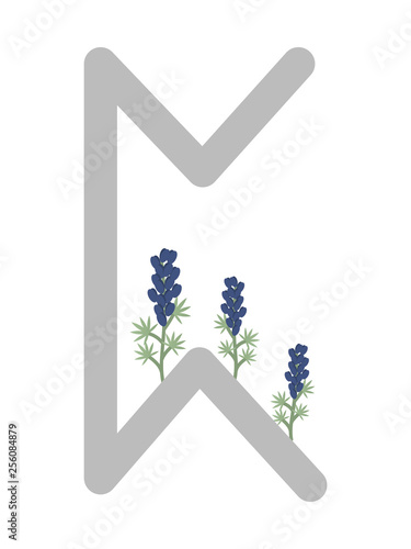 Fleece Scandinavia. Vector illustration of the runes Perth. The symbol of the letter Futhark. Spiritual esoteric. Fleece with leaves and flowers