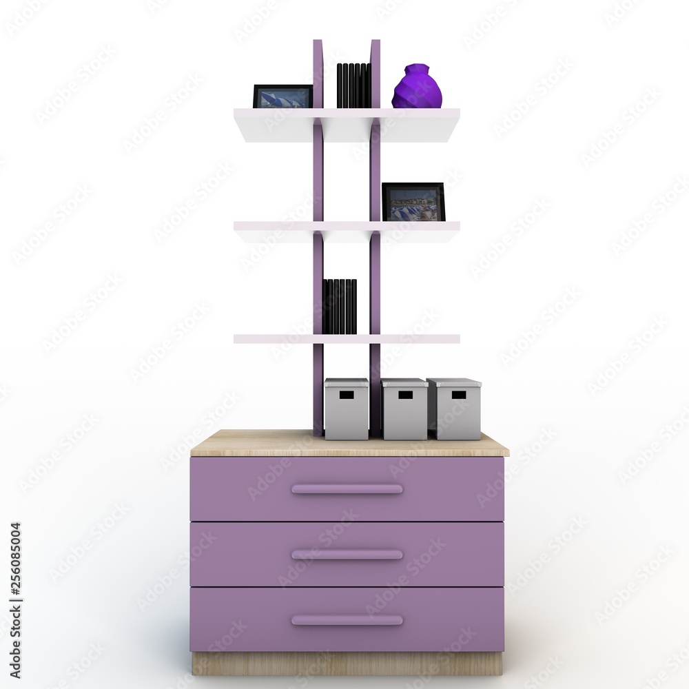 modern furniture with shelf and accessories with white background modern furniture with shelf and accessories with white background