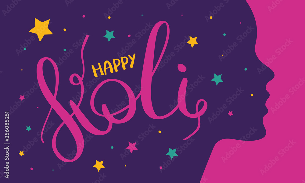 Happy Holi. Festival of Colours. Phagwah. Annual Hindu Spring Festival. Celebrated in India and Nepal and other Asia. Beautiful handwritten lettering on a color bright background. Vector illustration