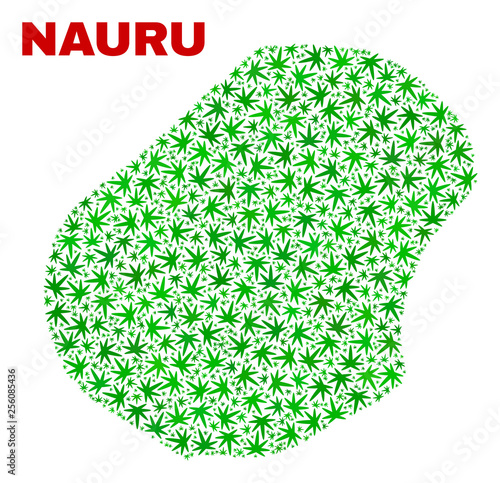 Vector cannabis Nauru map collage. Template with green weed leaves for cannabis legalize campaign. Vector Nauru map is organized with weed leaves.