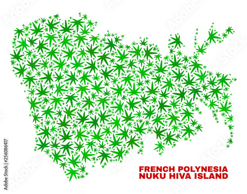Vector marijuana Nuku Hiva Island map collage. Template with green weed leaves for marijuana legalize campaign. Vector Nuku Hiva Island map is composed with weed leaves.