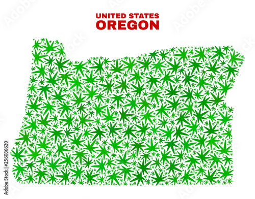 Vector cannabis Oregon State map collage. Template with green weed leaves for weed legalize campaign. Vector Oregon State map is created with cannabis leaves.