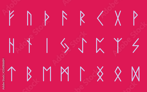 Set of ancient Norse runes. Runic alphabet, Futhark. Ancient occult symbols. Vector illustration. Old german light letters on a pink background