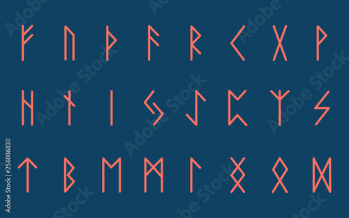 Set of ancient Norse runes. Runic alphabet, Futhark. Ancient occult symbols. Vector illustration. Old German coral letters on blue background