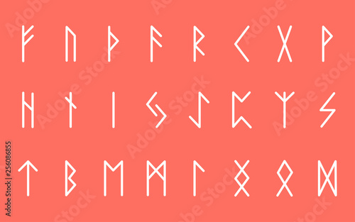 Set of ancient Norse runes. Runic alphabet, Futhark. Ancient occult symbols. Vector illustration. Old German bright letters on a coral background
