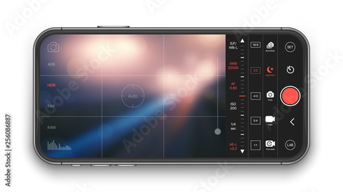 Professional Photo And Video Camera Premium Mobile App With Advanced Settings UI Concept Mock Up On Realistic Frameless Smartphone Iphone Screen Isolated on Black Background. Mobile Photography IOs