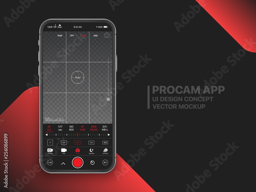Premium Professional Photo And Video Camera Mobile App With Advanced Settings UI Concept Mock Up On Realistic Frameless Smartphone Iphone Screen Isolated on Black Background. IOs Mobile Photography