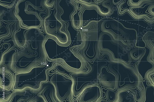 View From Above Alien Terrain Conceptual Vector Topographic Map With Route And Coordinates User Interface Abstract Background. Topographic Cartography. Topographic Map. Topographic Relief
