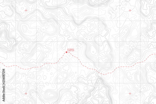 Lie Of The Ground Vector Topographic Detailed Map With Route And Coordinates Abstract Background. Topographic Cartography. Topographic Map. Topographic Relief. Topography Map. Topography Relief 