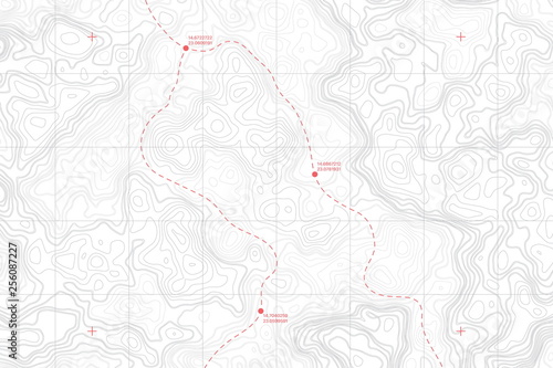 Lie Of The Ground Vector Topographic Detailed Map With Route And Coordinates Abstract Background. Topographic Cartography. Topographic Map. Topographic Relief. Topography Map. Topography Relief 