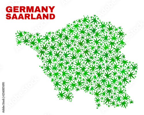 Vector marijuana Saarland Land map collage. Concept with green weed leaves for marijuana legalize campaign. Vector Saarland Land map is constructed with weed leaves.