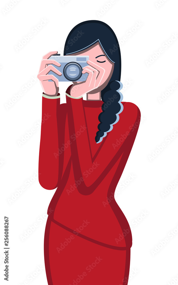 Obraz premium Photographer. Woman and camera. Avatar girls. Portrait of a professional. Vector flat illustration. White background. Brunette girl
