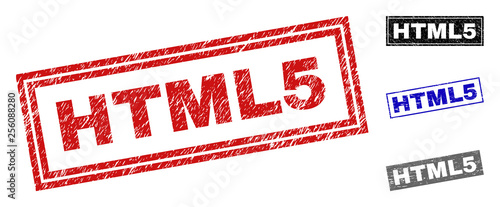 Grunge HTML5 rectangle stamp seals isolated on a white background. Rectangular seals with grunge texture in red, blue, black and grey colors.