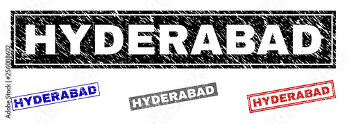 Grunge HYDERABAD rectangle stamp seals isolated on a white background. Rectangular seals with grunge texture in red  blue  black and grey colors.