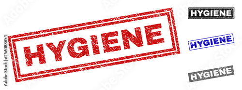 Grunge HYGIENE rectangle stamp seals isolated on a white background. Rectangular seals with grunge texture in red, blue, black and gray colors.