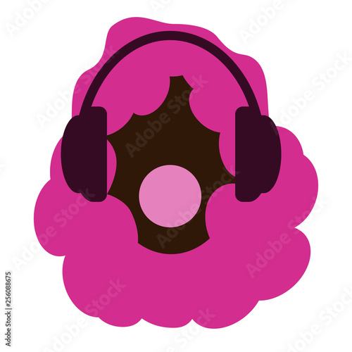 Girl with pink afro hair. Headphones and music. Young and brave. Chewing gum. White background. African American women