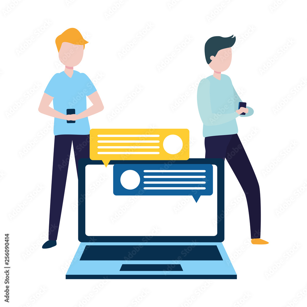 men with smartphone and laptop avatar character men with smartphone and laptop avatar character