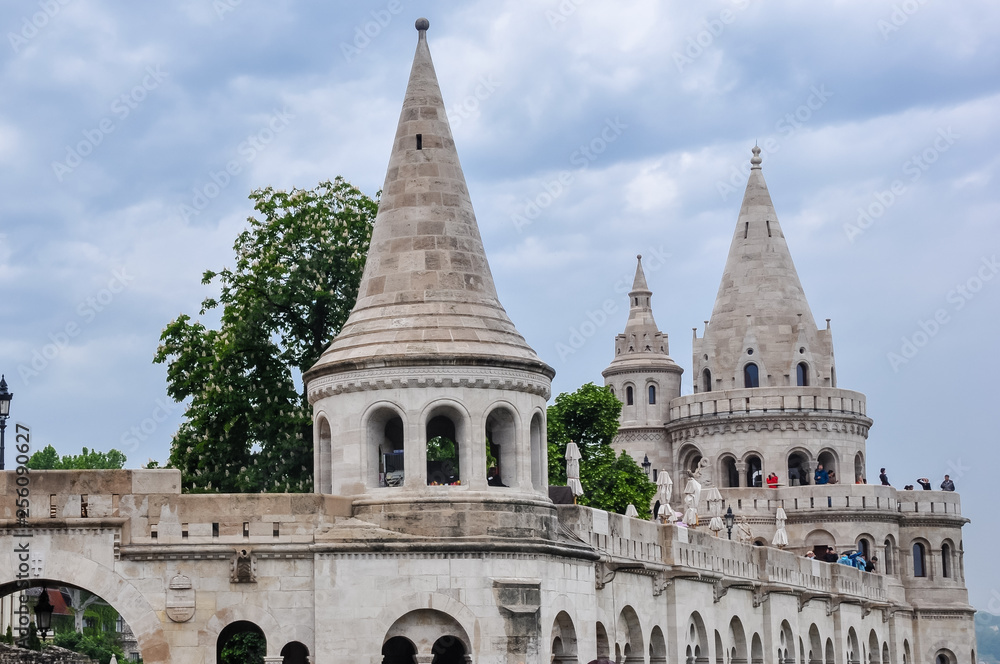 Public Park. Budapest- Fisherman's Bastion is a  neo-Gothic and neo-Romanesque style structure situated on the Castle hill in Budapest. Shot on a rainy day.