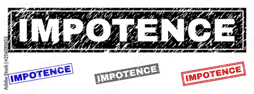 Grunge IMPOTENCE rectangle stamp seals isolated on a white background. Rectangular seals with grunge texture in red, blue, black and gray colors.