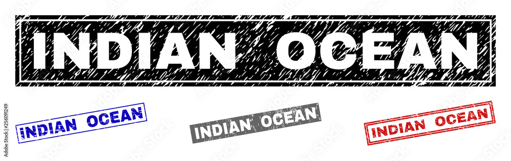 Obraz premium Grunge INDIAN OCEAN rectangle stamp seals isolated on a white background. Rectangular seals with grunge texture in red, blue, black and grey colors.