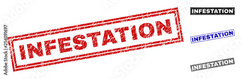 Grunge INFESTATION rectangle stamp seals isolated on a white background. Rectangular seals with grunge texture in red, blue, black and grey colors.
