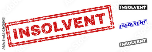 Grunge INSOLVENT rectangle stamp seals isolated on a white background. Rectangular seals with grunge texture in red, blue, black and grey colors.