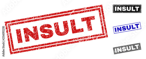 Grunge INSULT rectangle stamp seals isolated on a white background. Rectangular seals with grunge texture in red, blue, black and grey colors.