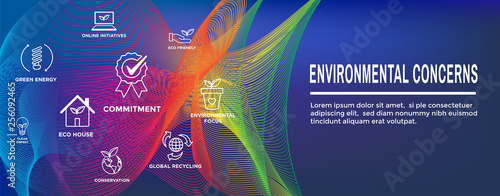 Environmental concerns icons web header banner with green energy, eco house, and earth initiatives