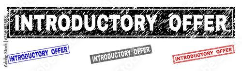 Grunge INTRODUCTORY OFFER rectangle stamp seals isolated on a white background. Rectangular seals with grunge texture in red, blue, black and gray colors.