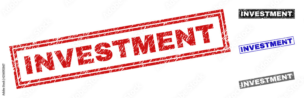 Grunge INVESTMENT rectangle stamp seals isolated on a white background. Rectangular seals with distress texture in red, blue, black and gray colors. Grunge INVESTMENT rectangle stamp seals isolated on a white background. Rectangular seals with distress texture in red, blue, black and gray colors.