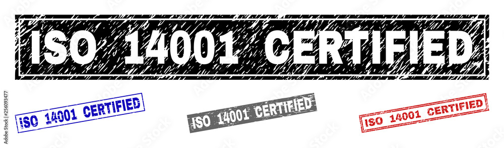 Grunge ISO 14001 CERTIFIED rectangle stamp seals isolated on a white background. Rectangular seals with grunge texture in red, blue, black and grey colors. Grunge ISO 14001 CERTIFIED rectangle stamp seals isolated on a white background. Rectangular seals with grunge texture in red, blue, black and grey colors.