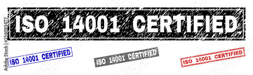 Grunge ISO 14001 CERTIFIED rectangle stamp seals isolated on a white background. Rectangular seals with grunge texture in red, blue, black and grey colors.