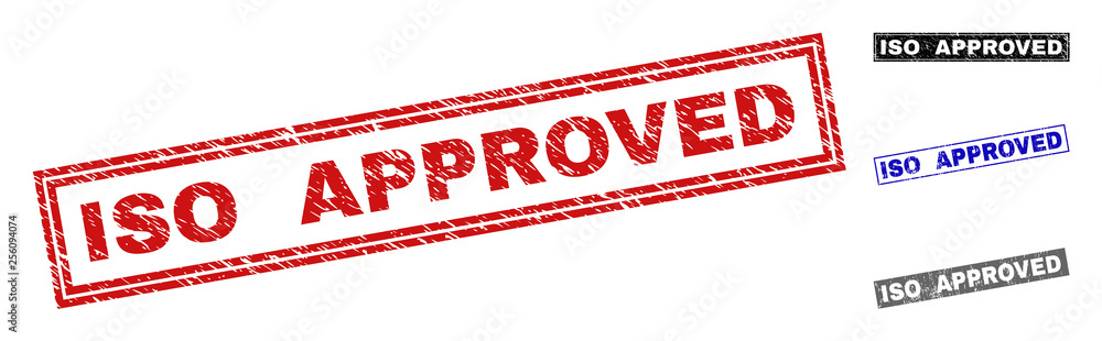 Grunge ISO APPROVED rectangle stamp seals isolated on a white background. Rectangular seals with grunge texture in red, blue, black and gray colors. Grunge ISO APPROVED rectangle stamp seals isolated on a white background. Rectangular seals with grunge texture in red, blue, black and gray colors.