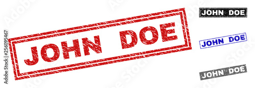 Grunge JOHN DOE rectangle stamp seals isolated on a white background. Rectangular seals with grunge texture in red, blue, black and gray colors.