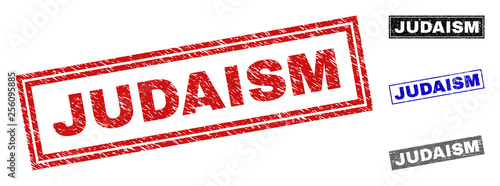 Grunge JUDAISM rectangle stamp seals isolated on a white background. Rectangular seals with grunge texture in red, blue, black and gray colors.