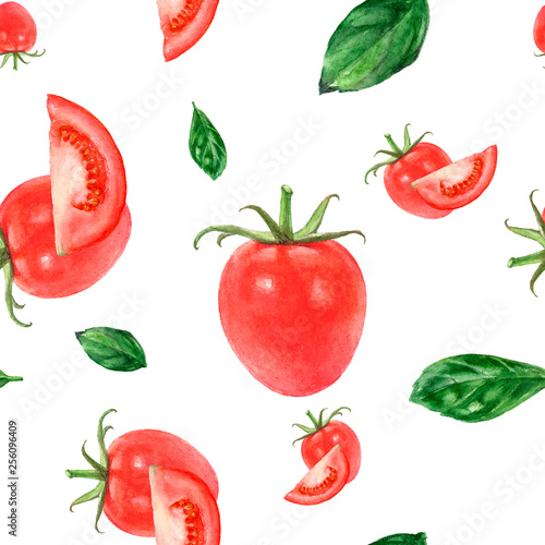 Watercolor hand drawn tomatoes isolated seamless pattern.