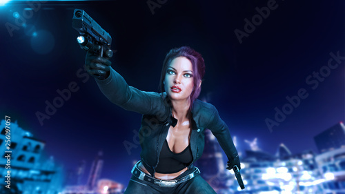 Action girl with guns, woman in leather suit shooting hand weapons in the night city, front view, 3D rendering
