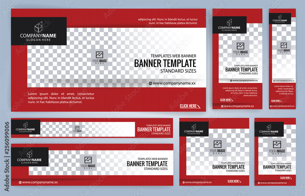 Red and Black Web banners templates, standard sizes with space for photo, modern design Red and Black Web banners templates, standard sizes with space for photo, modern design