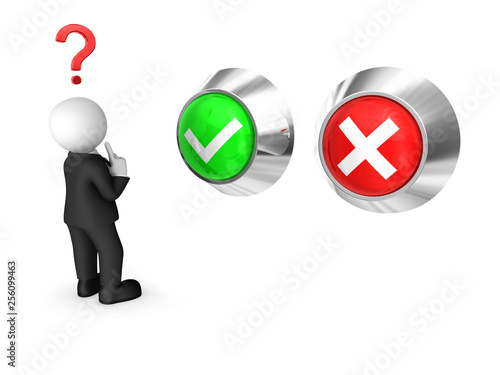 3d businessman in black suite and yes / no buttons.