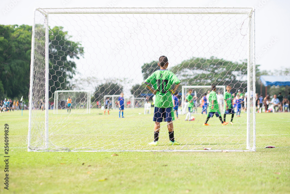 The goalkeeper who stands to watch friends play football. The view from behind the goal. The goalkeeper who stands to watch friends play football. The view from behind the goal.