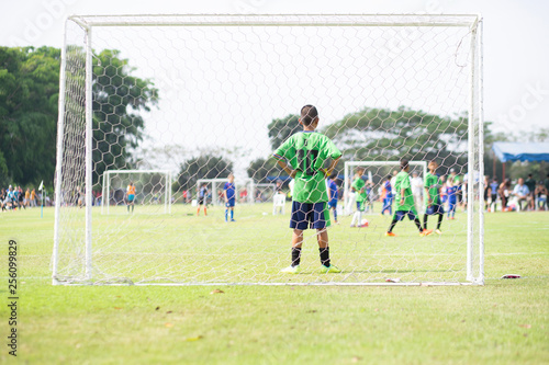 The goalkeeper who stands to watch friends play football. The view from behind the goal.