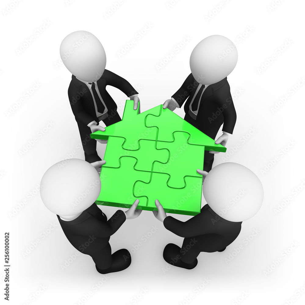 3d business people with home puzzle