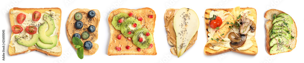 Set of delicious toasts with chia seeds and different toppings on white background, top view Set of delicious toasts with chia seeds and different toppings on white background, top view