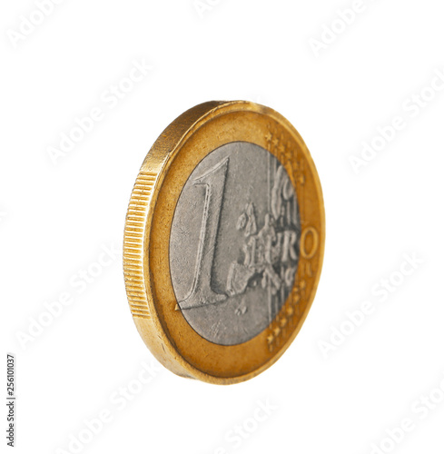 Shiny one euro coin on white background