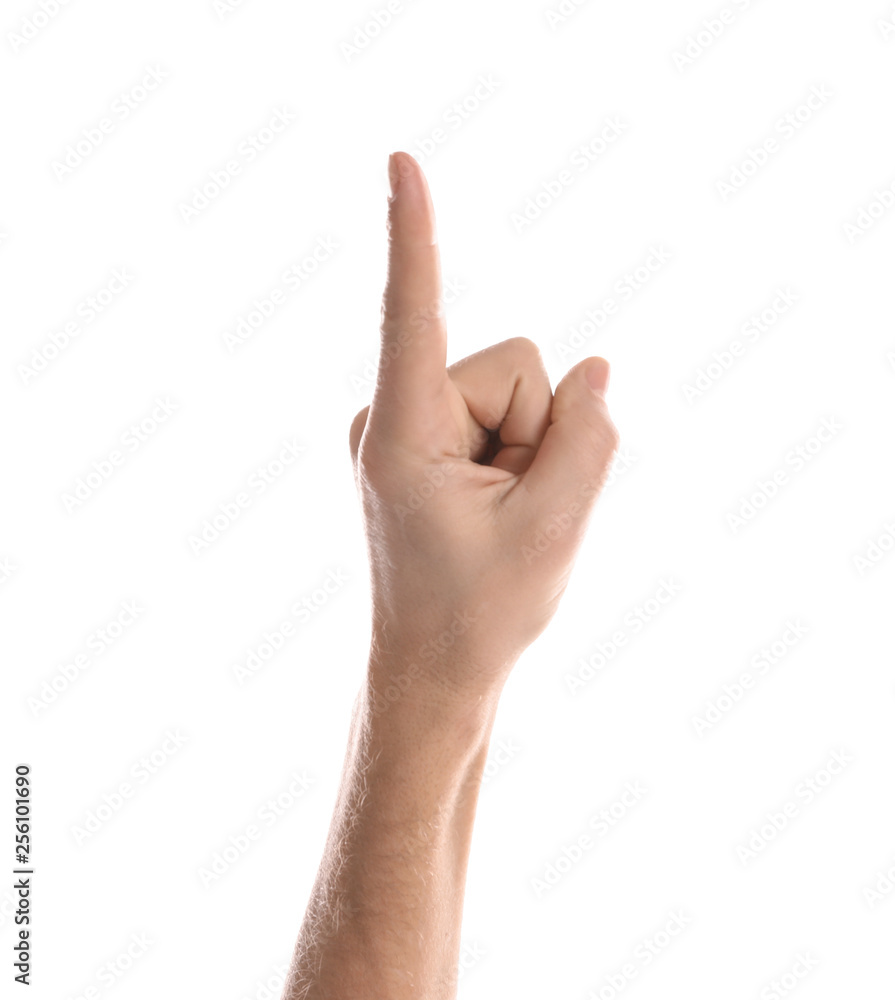Man pointing at something on white background, closeup of hand Man pointing at something on white background, closeup of hand