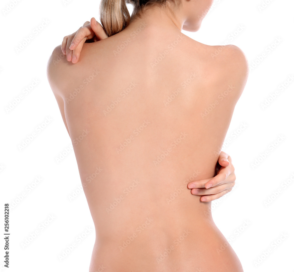 Back view of woman with perfect smooth skin on white background, closeup. Beauty and body care Back view of woman with perfect smooth skin on white background, closeup. Beauty and body care